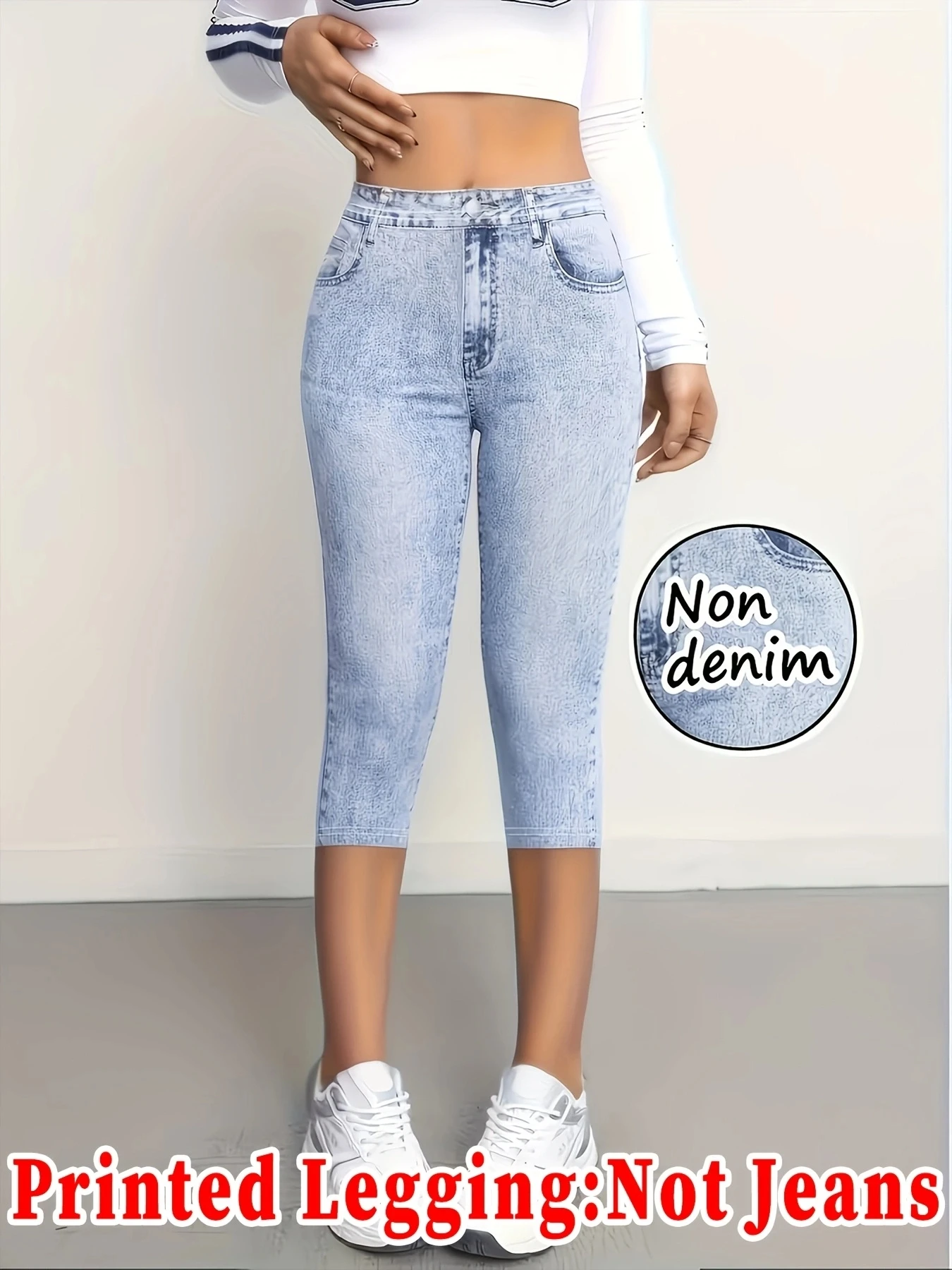 Printed Leggings, Not Denim Fabric, Fake Pocket & Button Print Capri Pants, High‑Stretch New Fashion Skinny Pants
