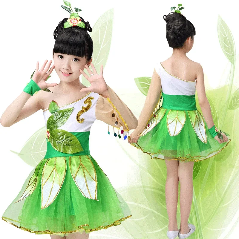 Girl Green Grass Ballet Costume Children Dance Performances Jazz Hip Hop Dance Dress Long Veil Leaves Kid Clothing