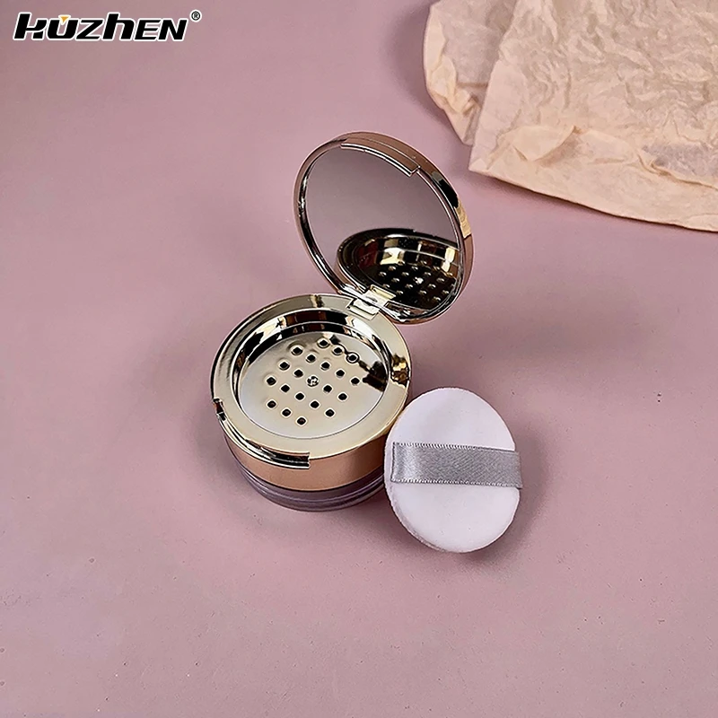 6g Gold Portable Cosmetic Flour Plastic Box Empty Loose Flour Pot With Sieve Travel Makeup Jar Sifter Container With Puff