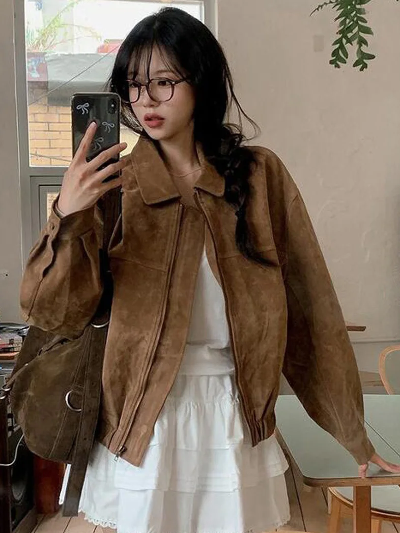 Retro Brown Short Jacket Women's Winter Loose Suede Baseball Style Biker Coat Korean Fashion Single Piece Zipper Closure