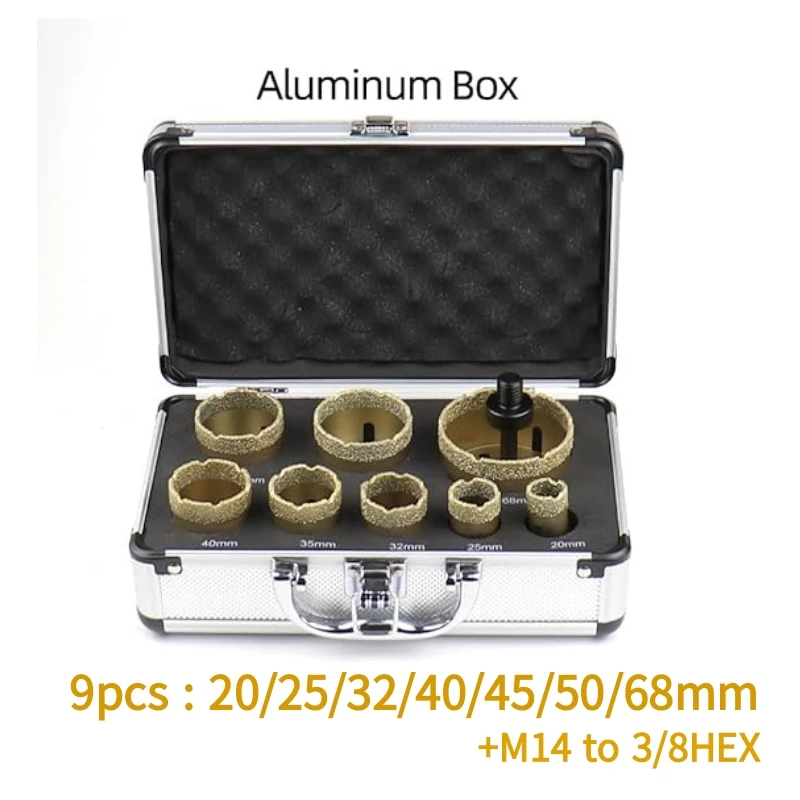 9 pçs m14 conjunto de broca de núcleo de diamante para pedra/granito/vidro/mármore/moedor de ângulo/conjunto de brocas 20-68mm conjunto de ferramentas de brocas