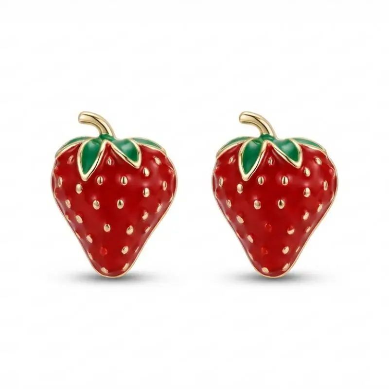 

MURMUR Cute Strawberry Stud Earrings Red Enamel Fruit Gold Tone Sweet Summer Jewelry Gift