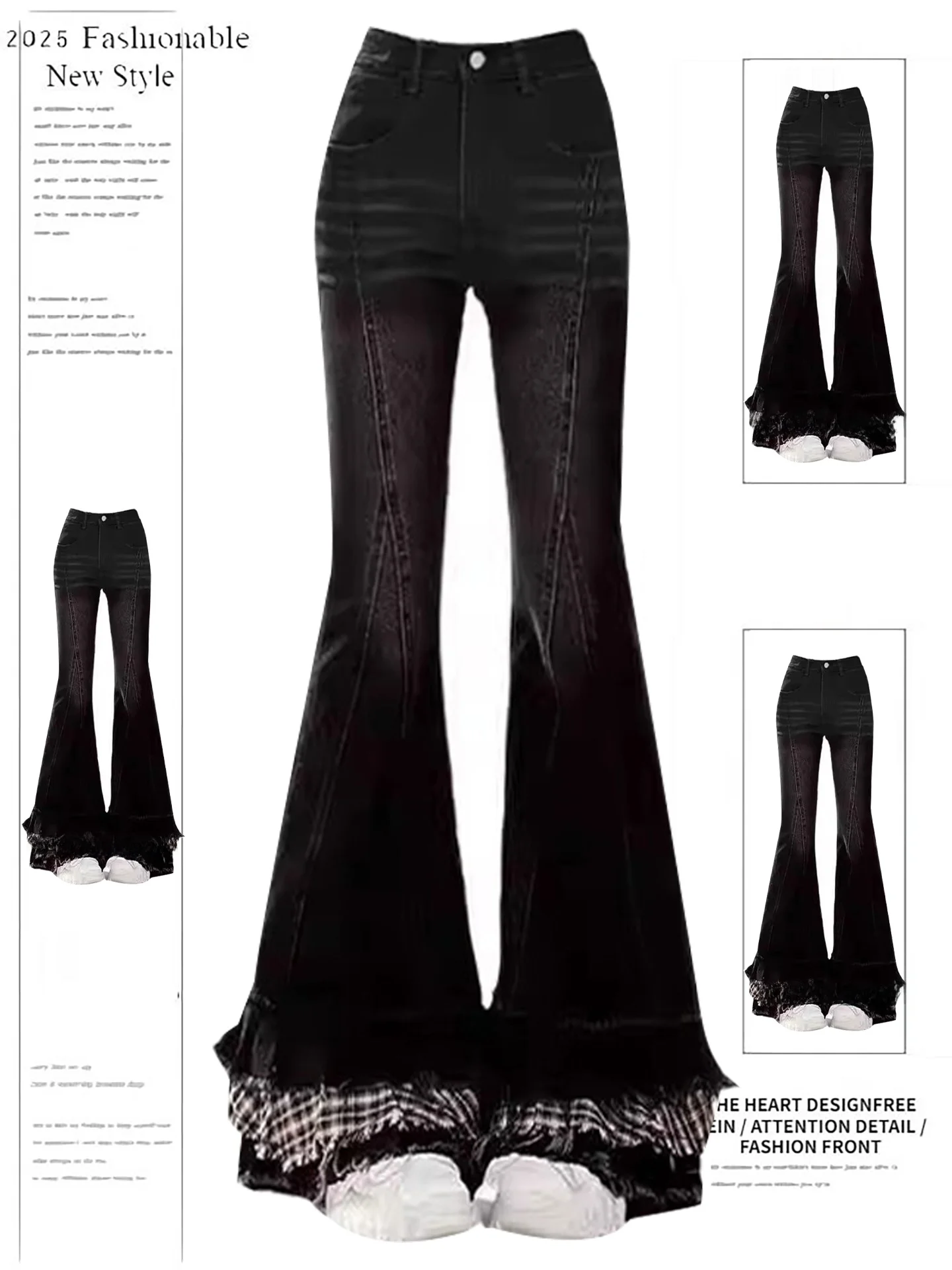 

American Sle Spicy Girl Plaid Splice Micro Flared Denim Jeans Women's Slimming Spring Autumn High Waist ket Embellied