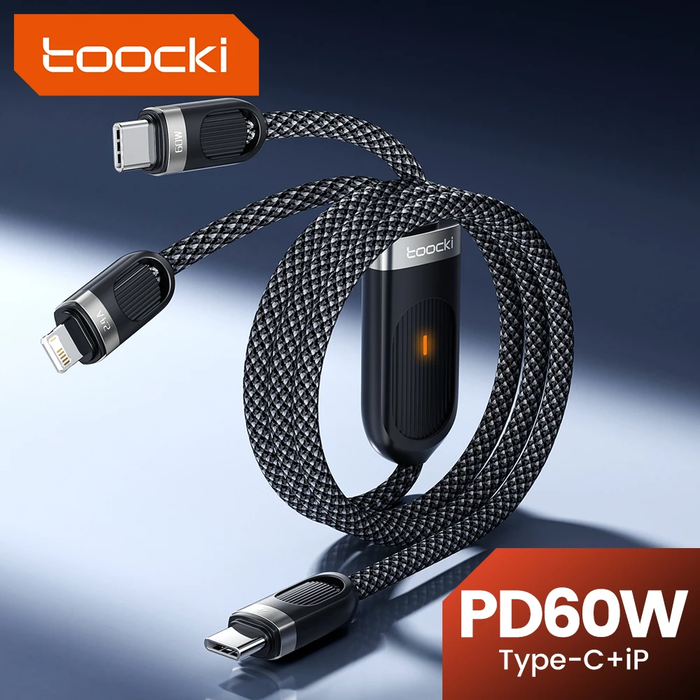 Toocki 2 in 1 USB C to Type C Lighting Cable for iPhone 16 15 14 Pro Max 1.2m PD60W Fast Charging USB C Wire for Samsung Huawei