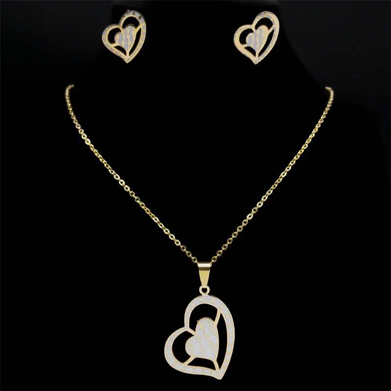 Fashion Love Heart Necklace Earrings Set Stainless Steel Gold Color Wedding Party Gift Jewelry Sets for Women bijoux SXS07