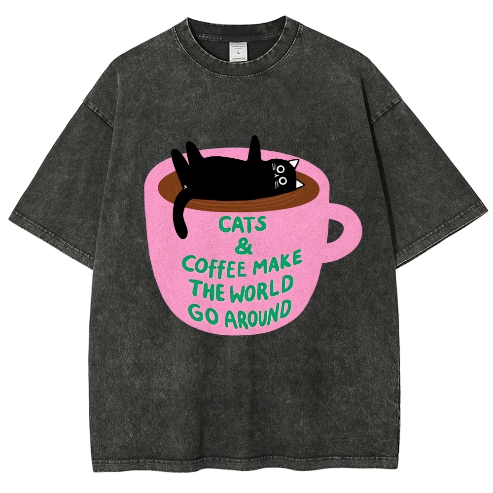 

Cat And Coffee Make The World Go Around Shirt Cat Lover Shirt Vintage Women Clothing Retro Graphic Tee Unisex y2k Shirt