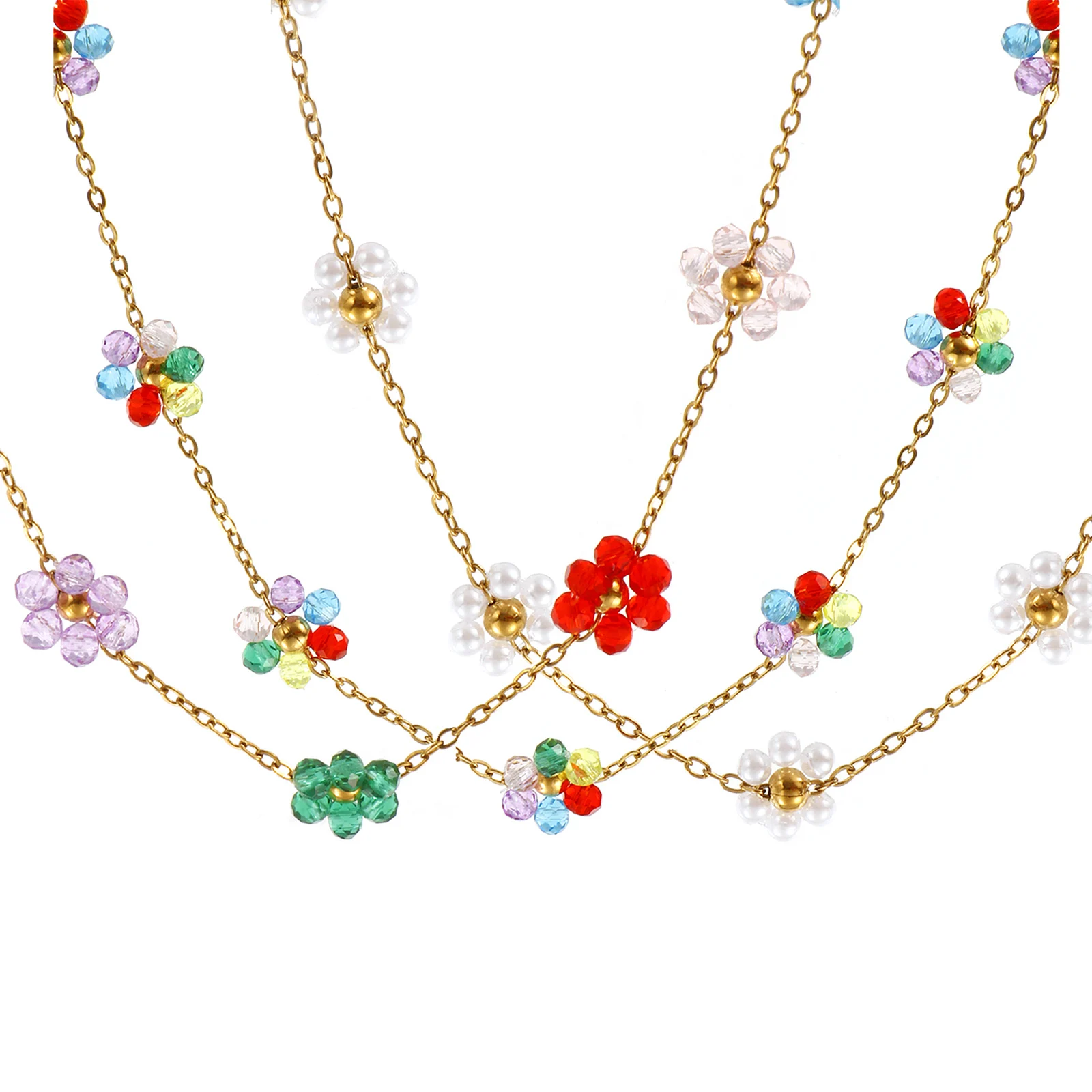Flower Beaded Necklace 304 Stainless Steel 18K Gold Plated Link Cable Chain 40cm+ 5cm For Women Sweet & Cute Exquisite Gift