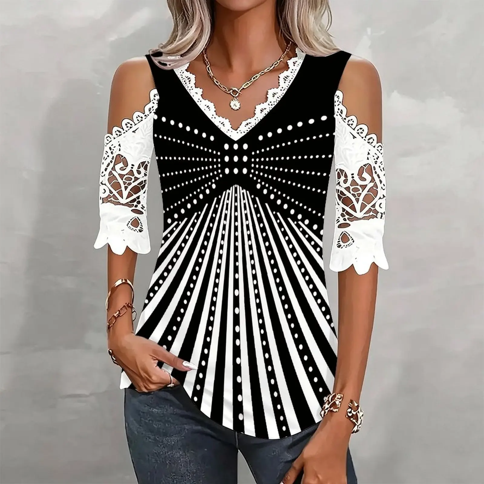 Sexy Elegance V‑neck Cold Shoulder 3/4 Sleeve Ladies Top Summer Slim T‑shirt Everyday Commuting Vacation Versatile Wear