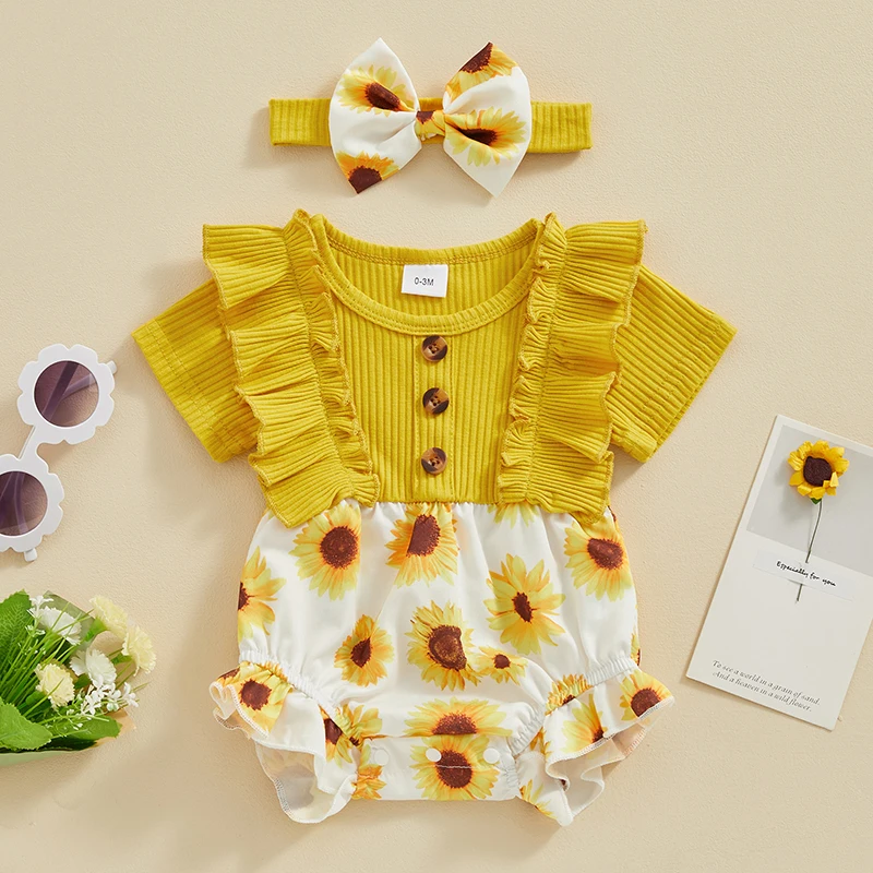 Baby Girls Summer Clothes Cute Sunflower and Floral Romper Set with Headband Suit