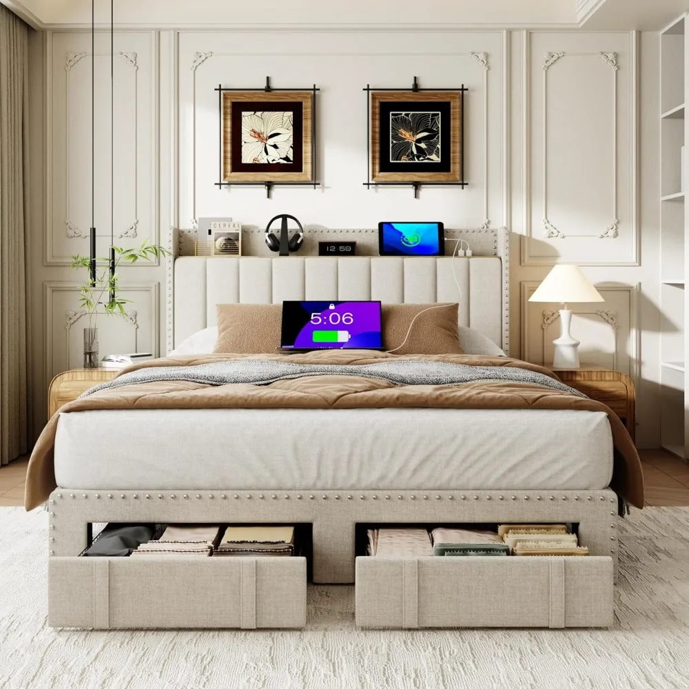

Queen Size Bed Frame with Headboard Storage, Built-in Charging Station, Upholstered Platform Bed with 2 Drawers, Modern Chic Riv