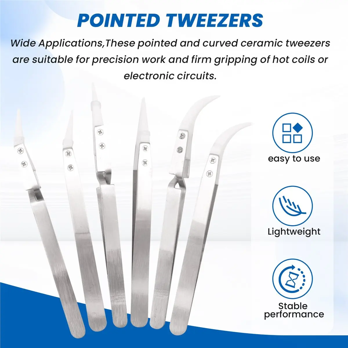 A62Z 6 Pcs Precision Ceramic Reverse Solder Tweezers, Non-Conductive, Anti-Magnetic Pointed and Curved Tips Tweezers Set