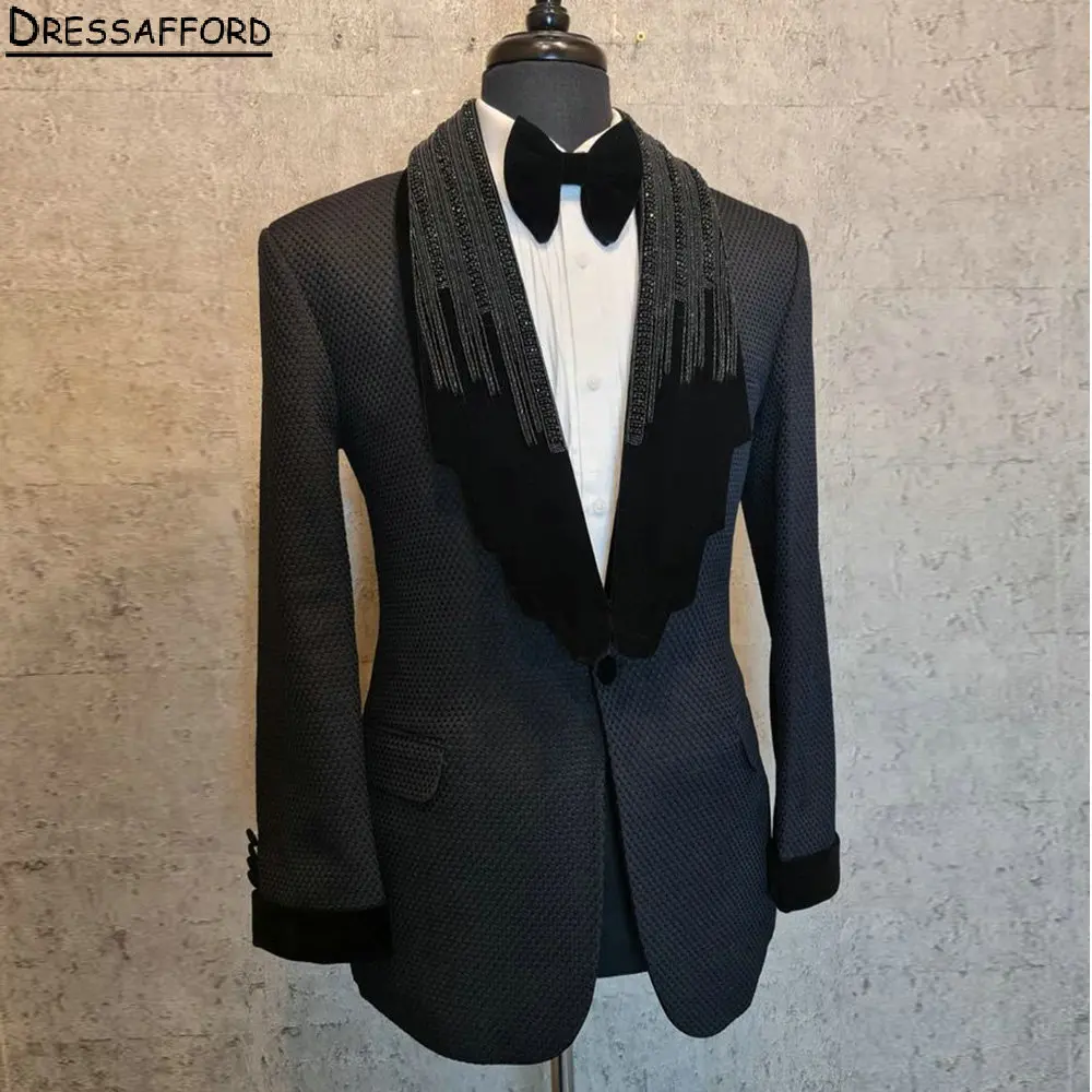 

Black Men Suits Two Pieces Beading Pearls Evening Party Blazer Groom Wear ( Jacket + Pants )