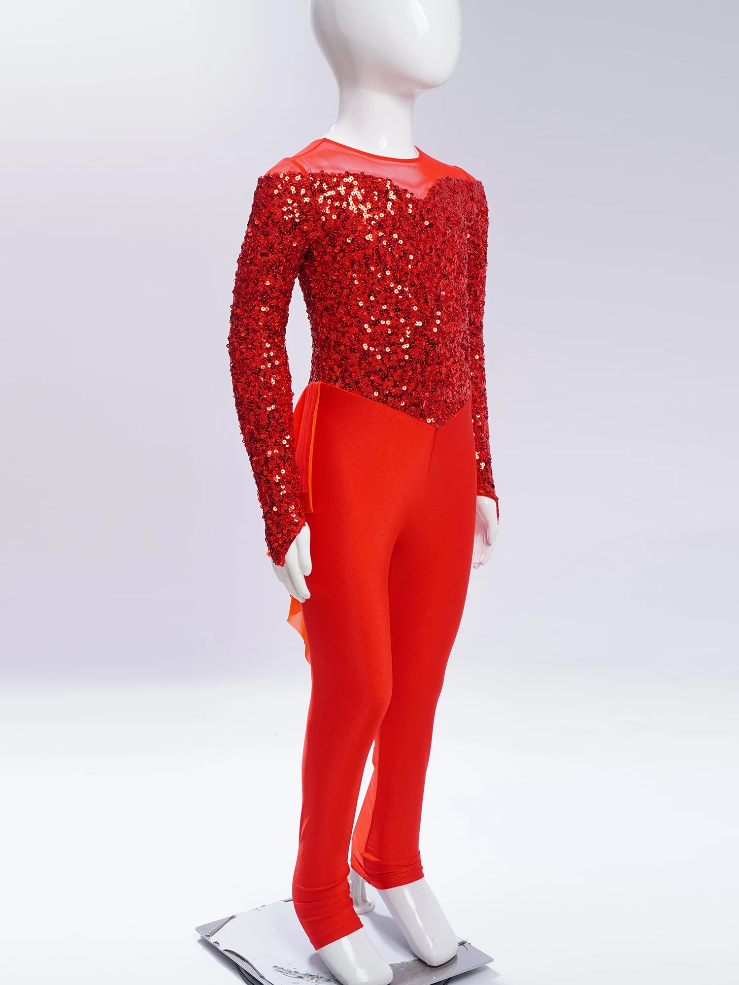 Kids Girls Rhythmic Gymnastics Leotard Shiny Sequins Long Sleeve Ballet Dance Skirted Bodysuit Costume Figure Skating Jumpsuit