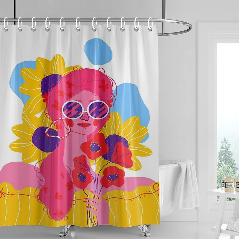 Artistic Woman in Garden Shower Curtain Waterproof Easy to Clean Privacy Protection Print Boho Art Design Vibrant BathroomDecor