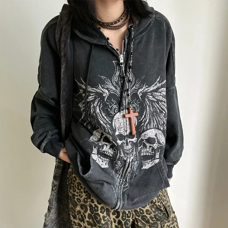 Skeleton Print Women Long Sleeve Hooded Zipper Cardigan Sweatshirt Autumn Winter Dark Y2k Gothic Loose Clothing Unisex Halloween