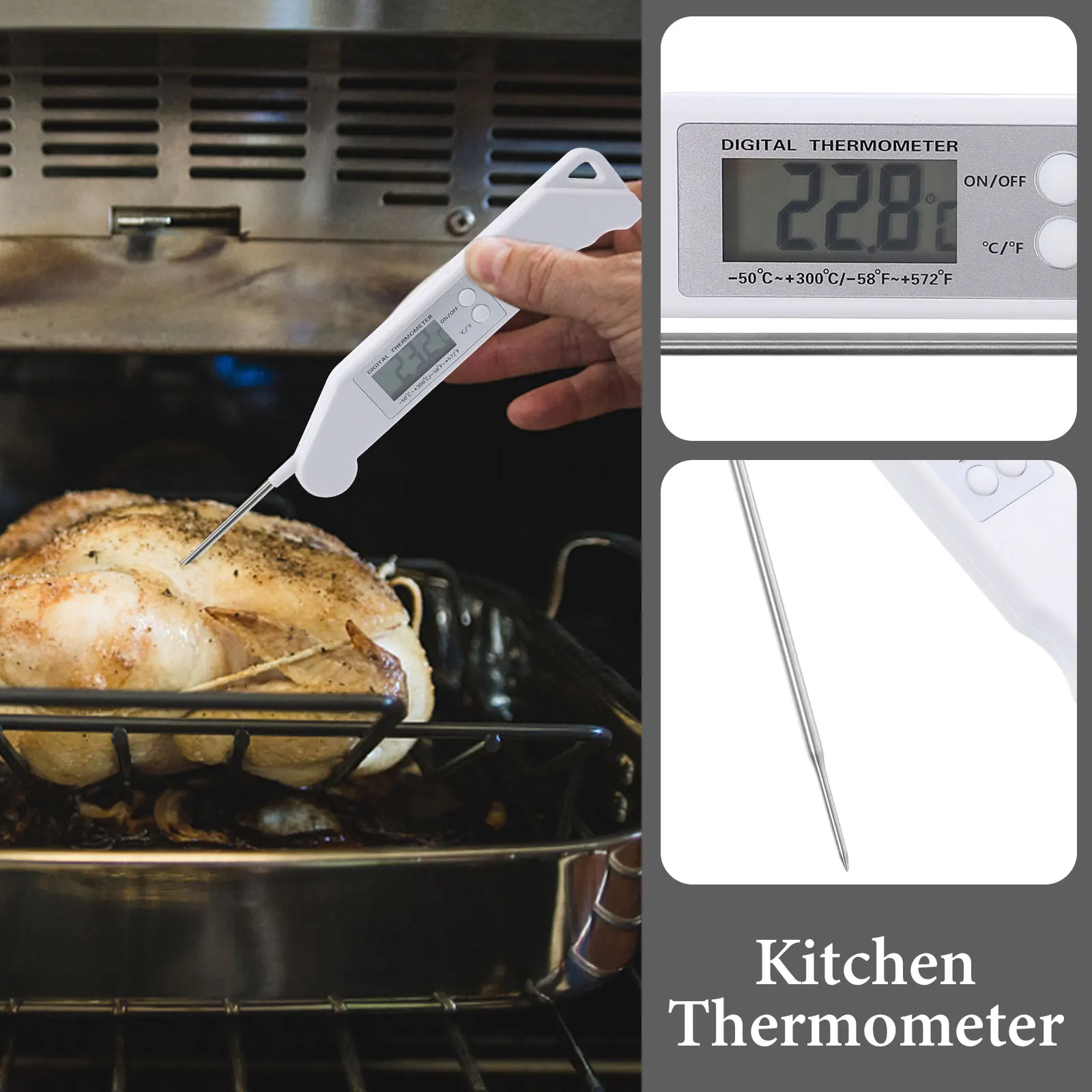 

Stainless Steel Folding Thermometer For Kitchen Meat Bbq Probe White Lcd Display -58°F To 527°F ±1°F