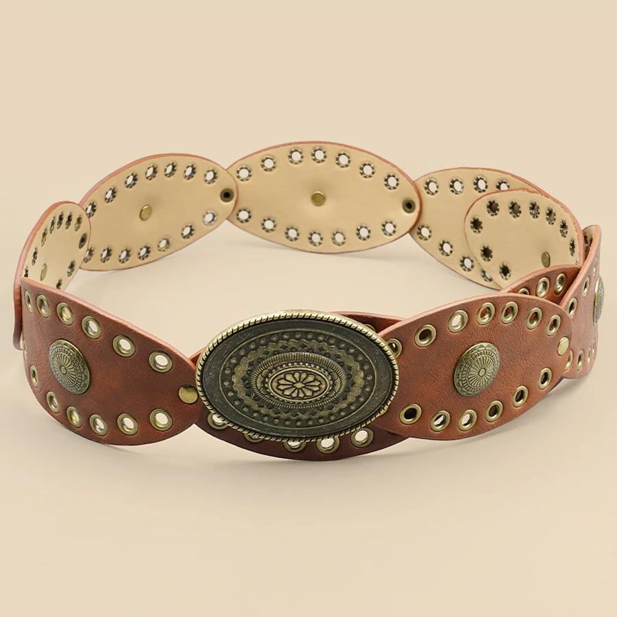 Vintage Hollow Rivet Wide Belt Brown Metal Pattern Buckle Women's Waist Cinch Belt Fashion Decorative Waist Seal