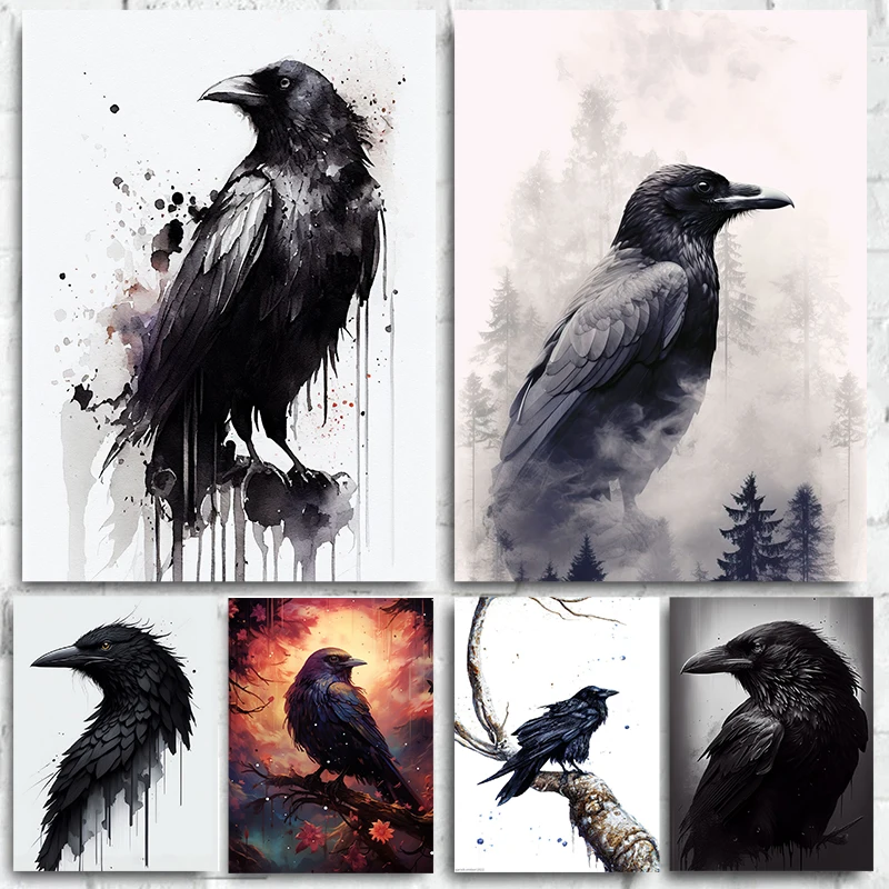 Schwarze Krähe Leinwand-Poster Aquarell Rabe Tier Vogel Wandbild für Wohnzimmer Schlafzimmer Bar Club Moderne Heimdekoration Geschenk