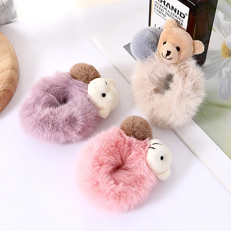 Cartoon Bear Furry Ball Hair Rope Antumn Winter Warm Cute Scrunchie Elastic Ponytail Holder Women Girls Hair Accessories Gift