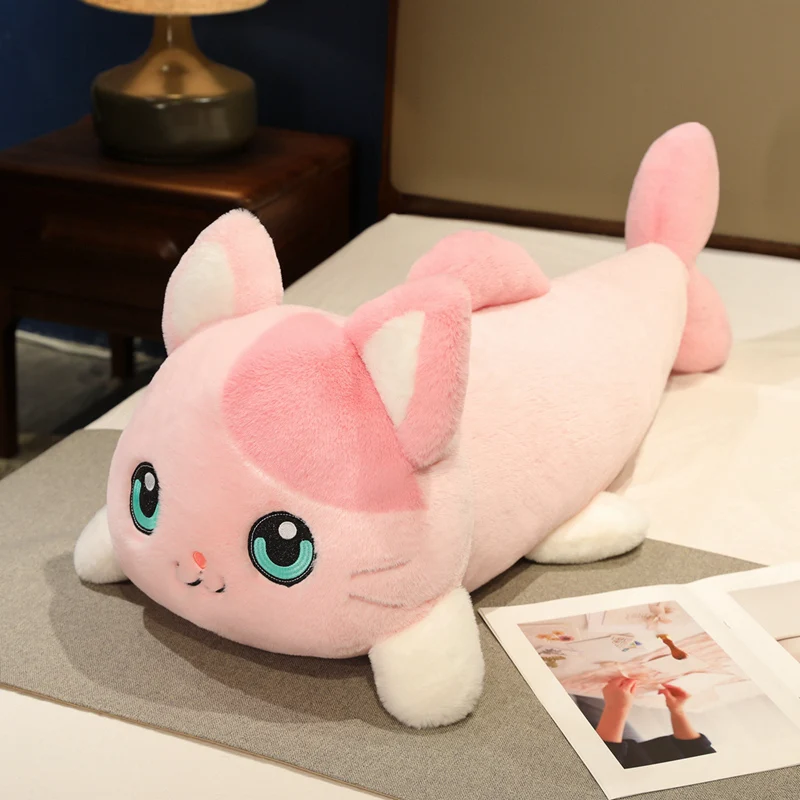 50-100cm Large Plush Pillow Cute Stuffed Animal Cat Toys Kitten Cosplay Fish Soft Doll Purple Pink Kawaii Pillow Cushions