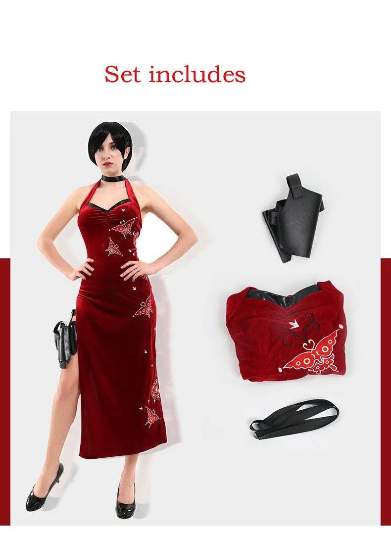 Женский костюм для косплея Ada Wong, красное платье-Ципао с вышивкой, Женский костюм для взрослых и девушек