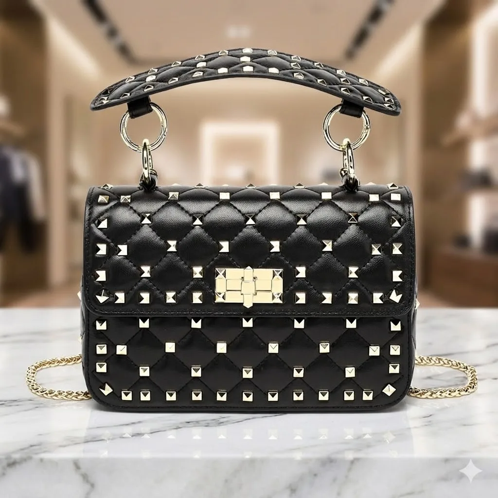 

New Genuine Leather Quilted Rockstud Chain Crossbody Handbag Mini Box Shoulder Bag Gold Studs Luxury
