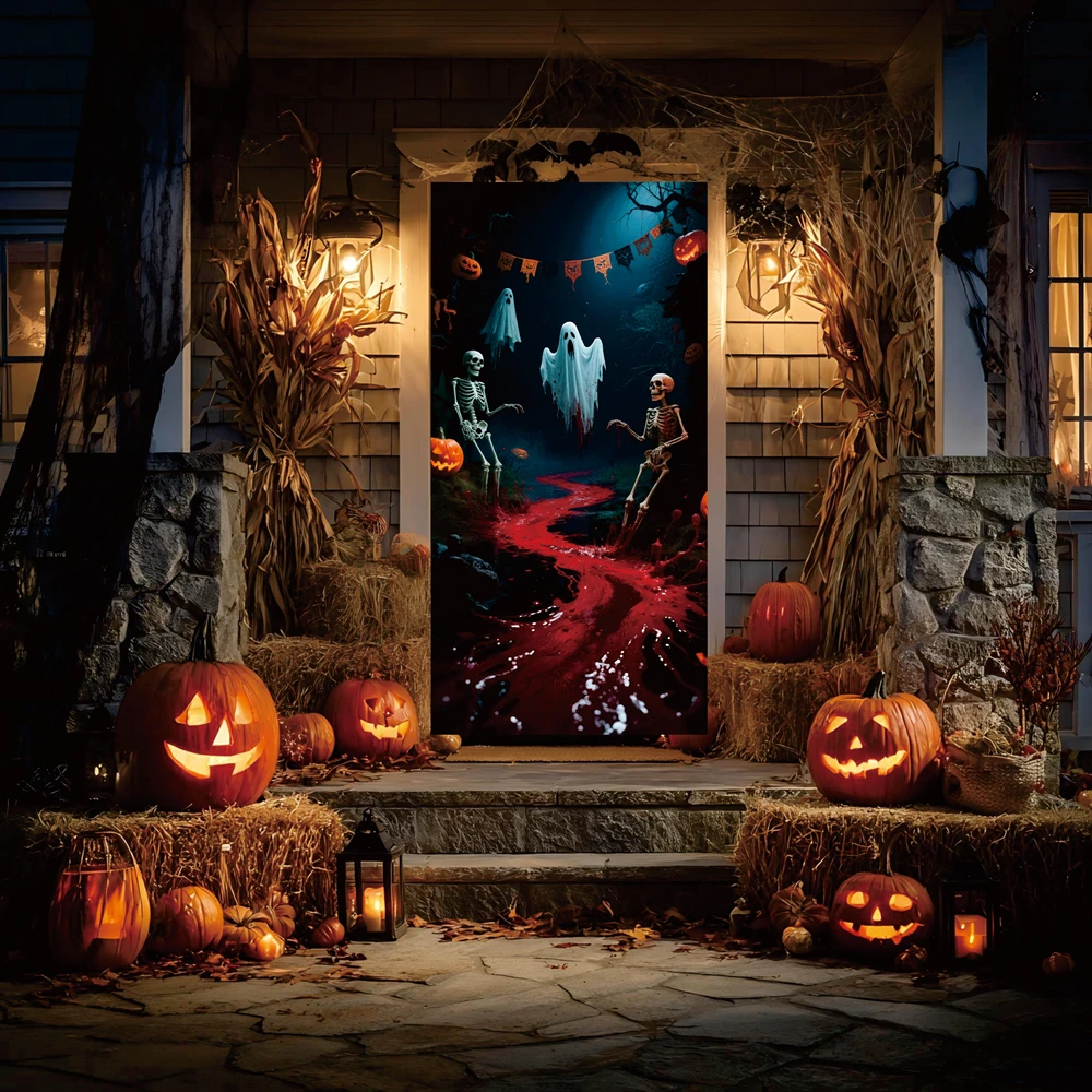 

Halloween Decor Banner Horror Party Supplies 180x90cm Skeletons Ghosts Pumpkins Blood Stains Flag Backdrop for Door Wall Decor