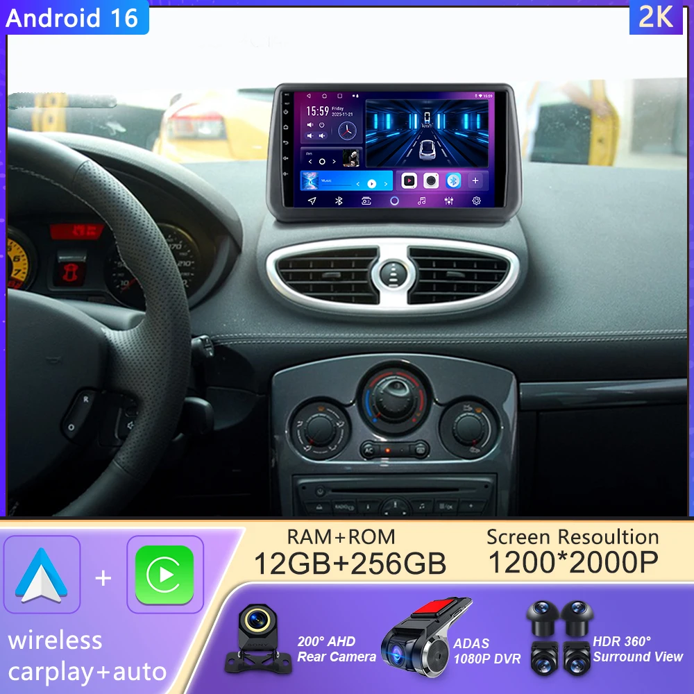 For Renault Clio 3 2005 - 2014 Car Multimedia Player Carplay Android 16 Auto Head Unit Radio Video Stereo Navigation GPS 2din 4G