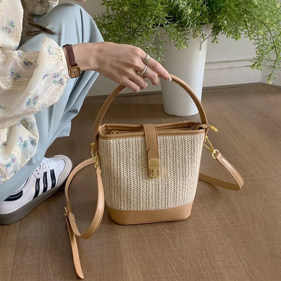 

Плетеные соломенные сумки для отдыха, женские сумки через плечо, летние сумки-ведра из ротанга и кожи, повседневные сумки-шопперы, сумочки, сумки-мессенджеры