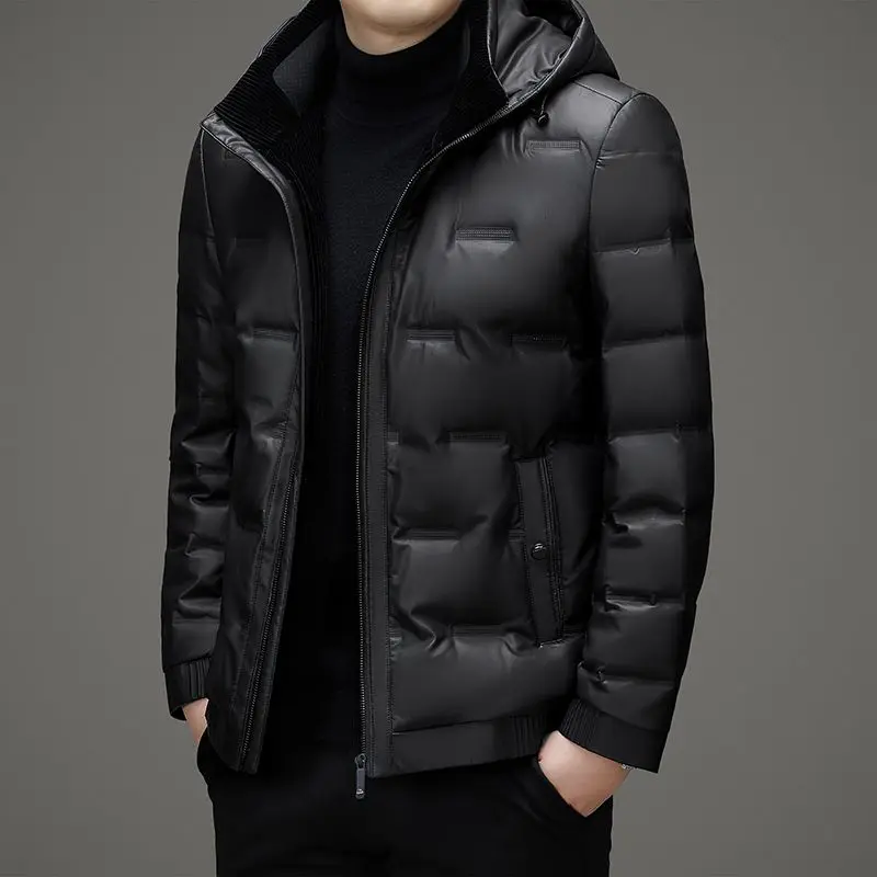 Genuine Sheepskin Jacket Men Real Leather Down Jacket Men Puffer Jacket Male Winter Natural Leather Down Coat Man Hooded Black