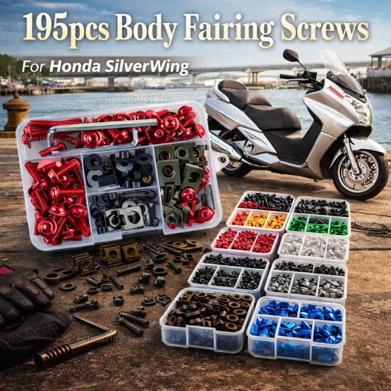 195 Stück Motorrad-Verkleidungsschrauben, Karosserieschrauben, Muttern für Honda FCS600 Silver Wing SilverWing GT400 600 Kit, Aluminium-CNC-Befestigungselemente