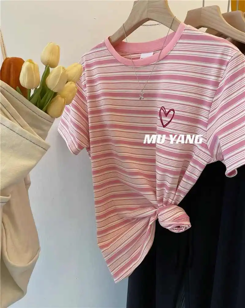 Летняя полосатая женская футболка больших размеров в стиле ретро с круглым вырезом, универсальные топы, свободные шикарные повседневные топы с короткими рукавами