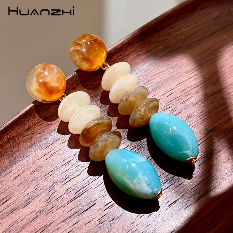 HUANZHI Vintage Brown Blue Gradient Color Long Drop Earring Autumn Winter New Charms Jewelry for Women