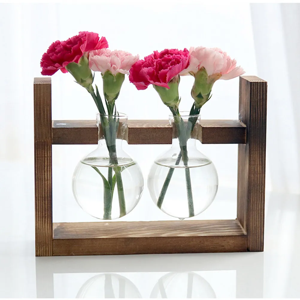 1Pcs Double Ball Glass Vase with Wooden Stand Hydroponic Planter Terrarium for Living Room Kitchen Home Decor Wedding Birthday