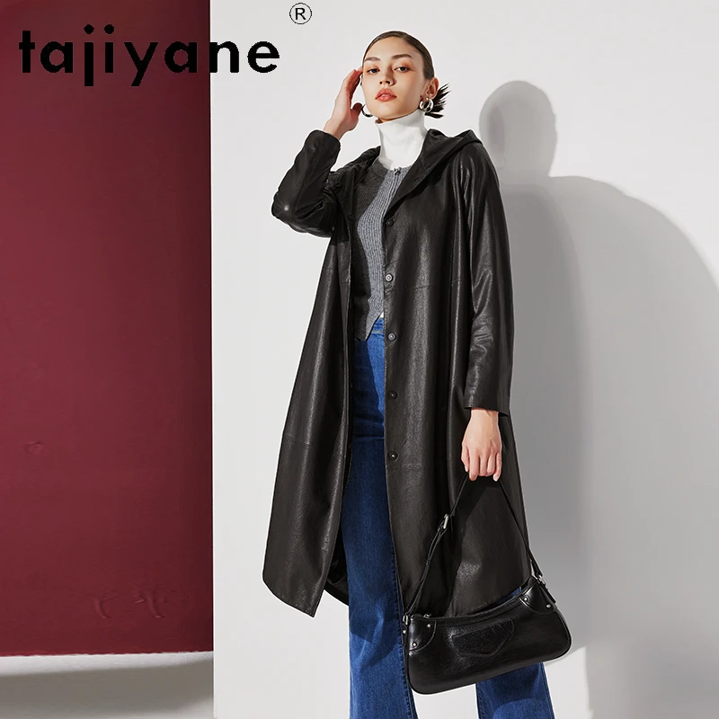 Tajiyane Genuine Sheepskin Leather Trench Coat for Women 2023 Real Leather Jacket Long Windbreaker Hooded Oversized Jackets