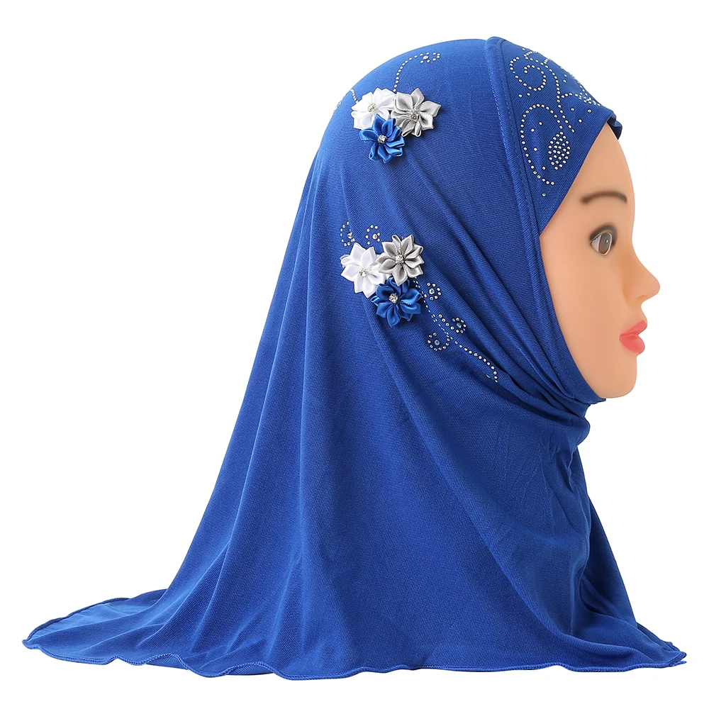 H075 Fit 2-5 years old small girl cute hijab cap with flower beautiful muslim scarf islamic headscarf hat amira pull on headwrap