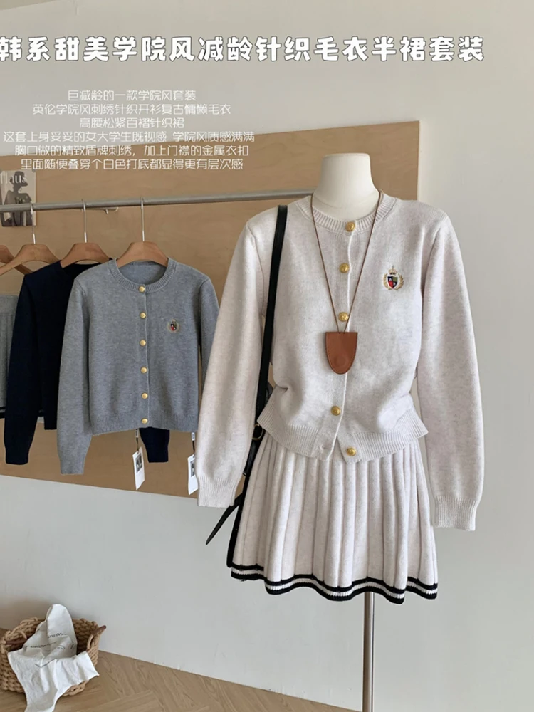 Autumn Winter Old Money Vintage Korean Preppy Women 2000s Outfits 2 Piece Set Long Sleeve Cardigan Sweater + Mini Pleated Skirts