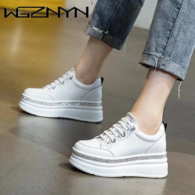 7cm 2025 New High Brand Genuine Leather Platform Wedge Casual Chunky Sneakers Women Ankle Spring Autumn Rhinestone Comfy Shoes