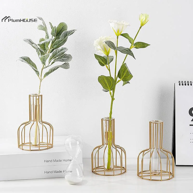 Hollow Out Iron Solid Color Vase Transparent Artificial Flower Dried Flower Arrangement Container Home Living Room Decoration