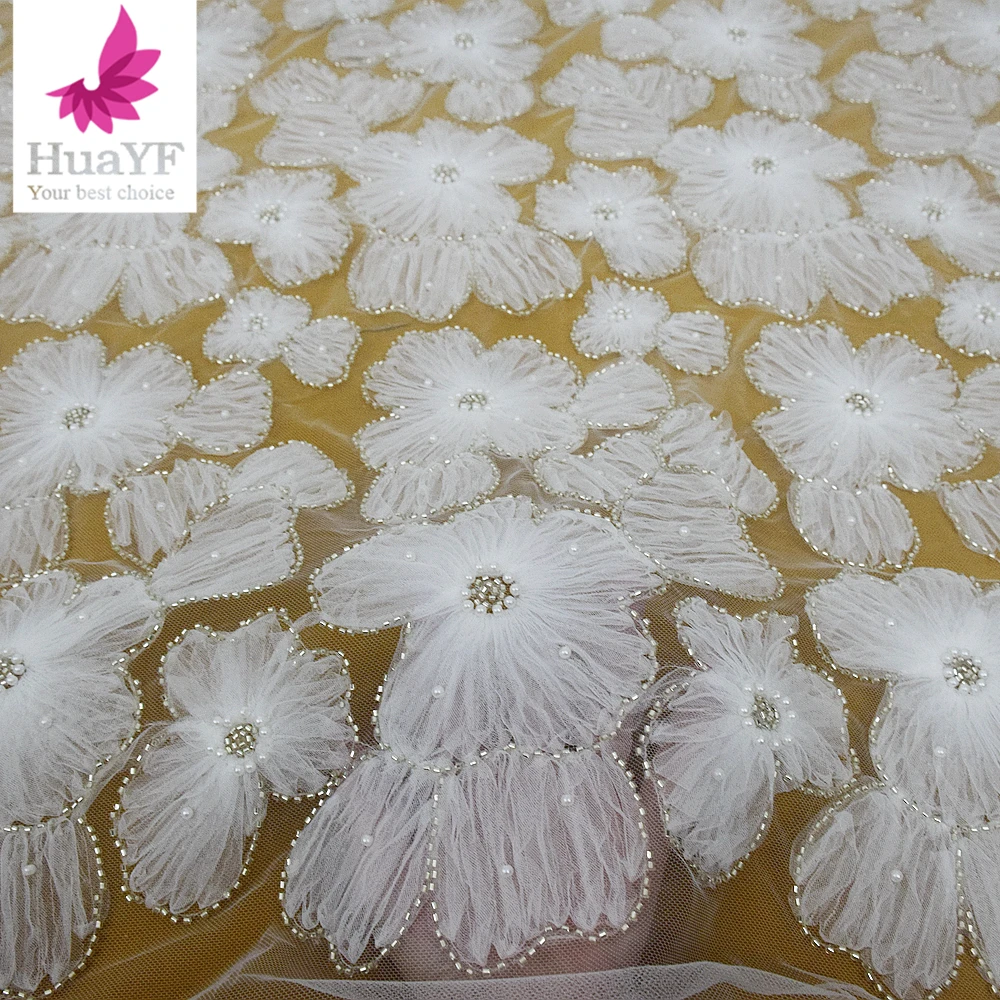 2023 New Coiling Embroidery White 3d Flower Pearls Beaded Applique French Wedding Bridal Lace Dress Fabric HY2365