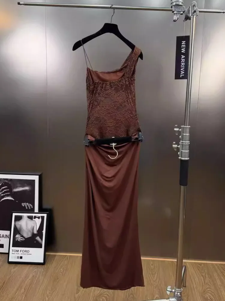 DFDG レディース 2025 春夏 レトロ レース セクシー ドレス オフショルダー アシンメトリー フェイクツーピース カットアウト スプリット Y2K セクシー ドレス