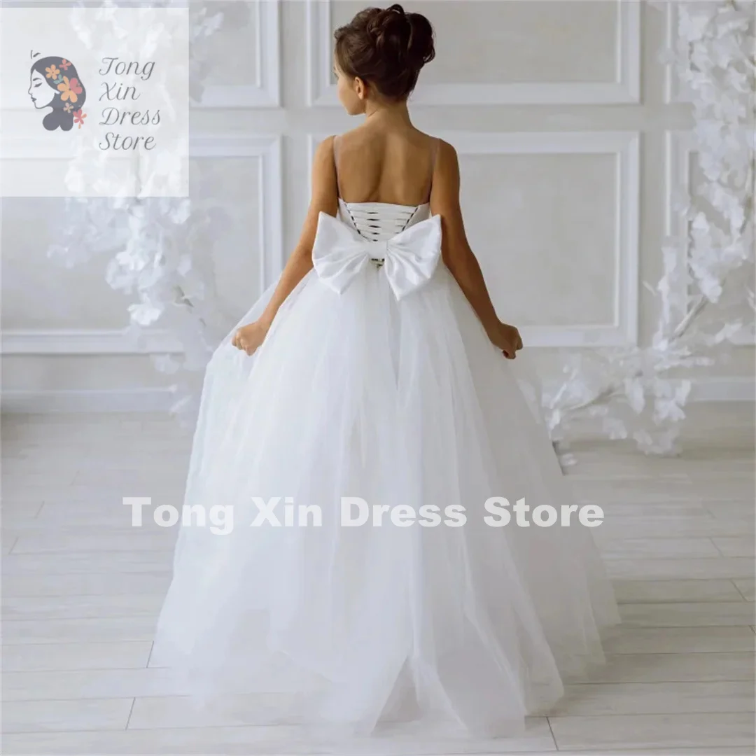 Flower Girl Dresses White Tulle Diamond With Bow Sleeveless For Wedding Birthday Party Holy Communion Gowns