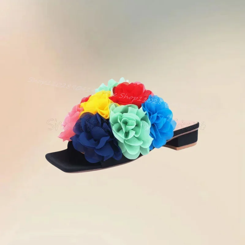 Colorful Appliques Decor Open Toe Slippers Slip On Women Shoes Chunky Heels Fashion Party Feast Banquet 2025 Zapatos Para Mujere