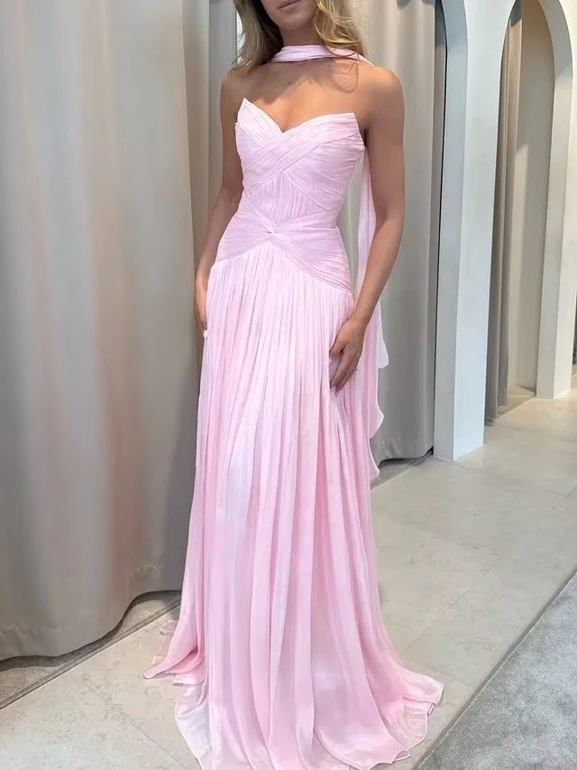 Strapless Sweetheart Bridesmaid Gown Pleated Chiffon Women Dress Floor Length A-line Formal Party Dress With Neck Ribbon