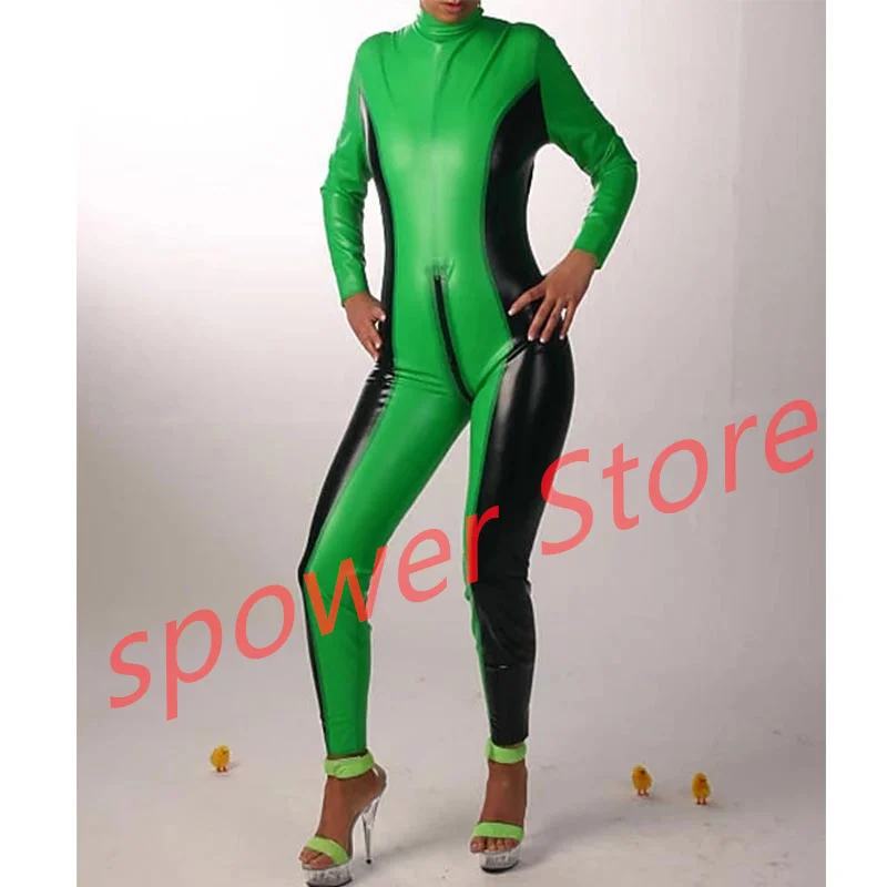 

Handmade Women Latex Catsuit with Back Zip Green with Black Rubber Bodysuit Tight Jumpsuit Customize Cosplay Costumes