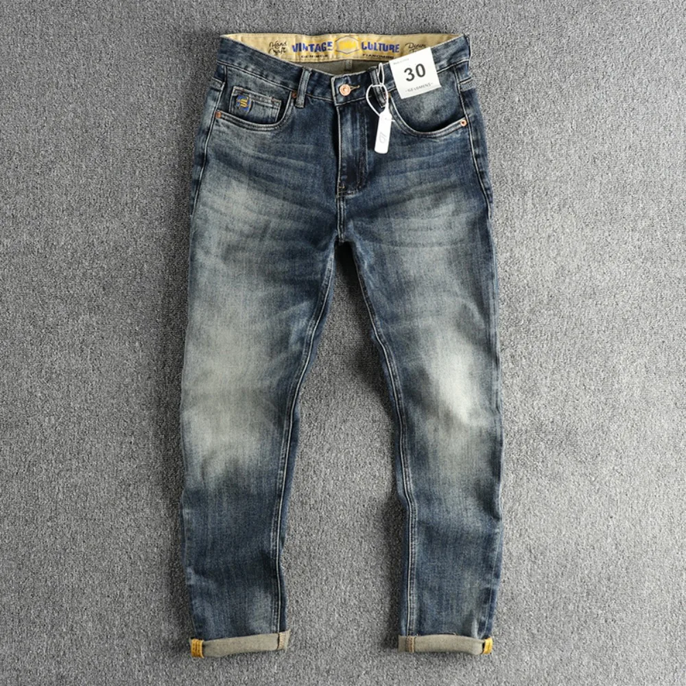 

Embroidery embellished white to do old American vintage jeans men slim small straight leg fashion all-match youth pants