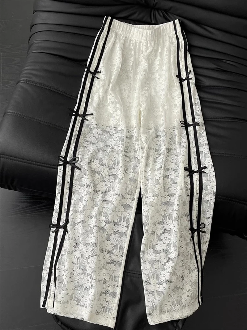 White Lace Transparent Wide Leg Pants Women  Knot Stripe Girl Versatile Straight Tube Pants Korean Style High Waist ...
