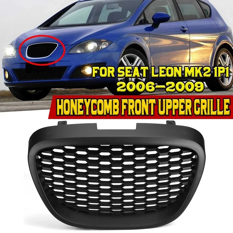 Car Front Black Honeycomb Grill Mesh Badgeless Sport Racing Grills For SEAT LEON MK2 1P1 2006-2009