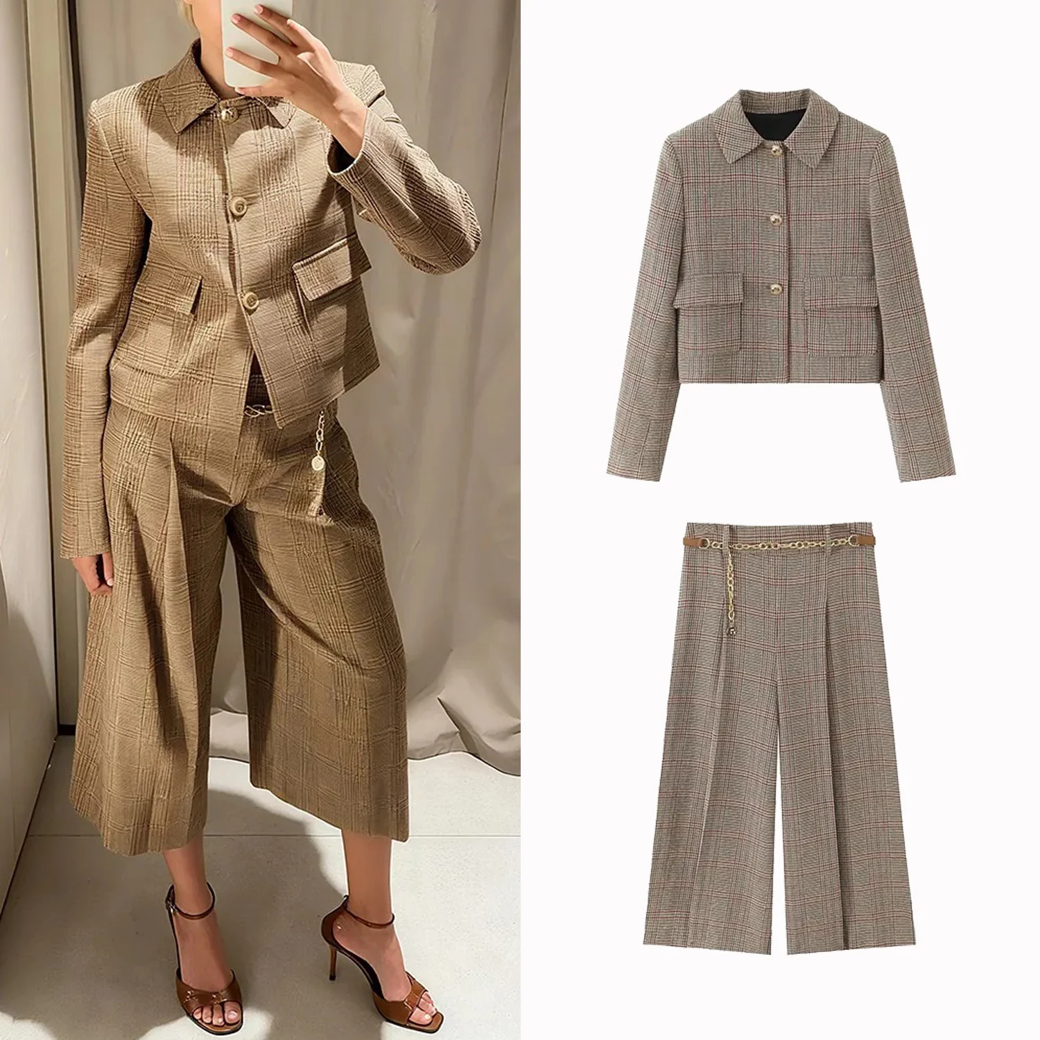 

Womens Fashion Plaid Wide-Leg Pants Set Autumn Women Elegant Blazers Coat Or Wide Leg Pants Trousers With Chain Belt Streetwear