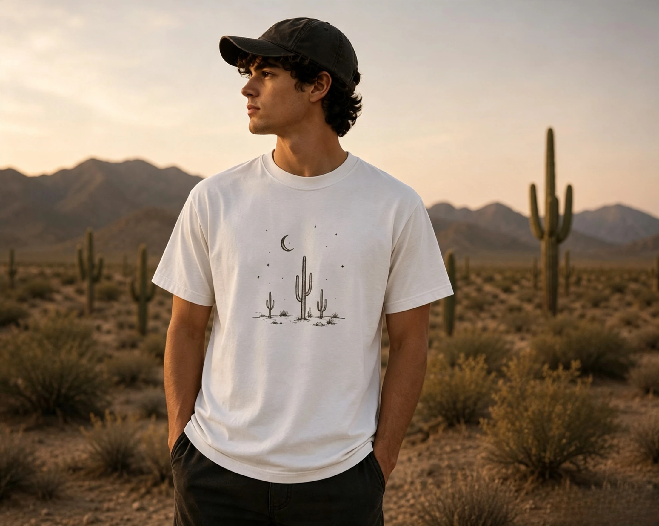 Minimalist Cactus Moon T-Shirt Garment-Dyed Desert Graphic Tee High Quality T-shirt Fashion Trend Casual Comfortable Retro Style
